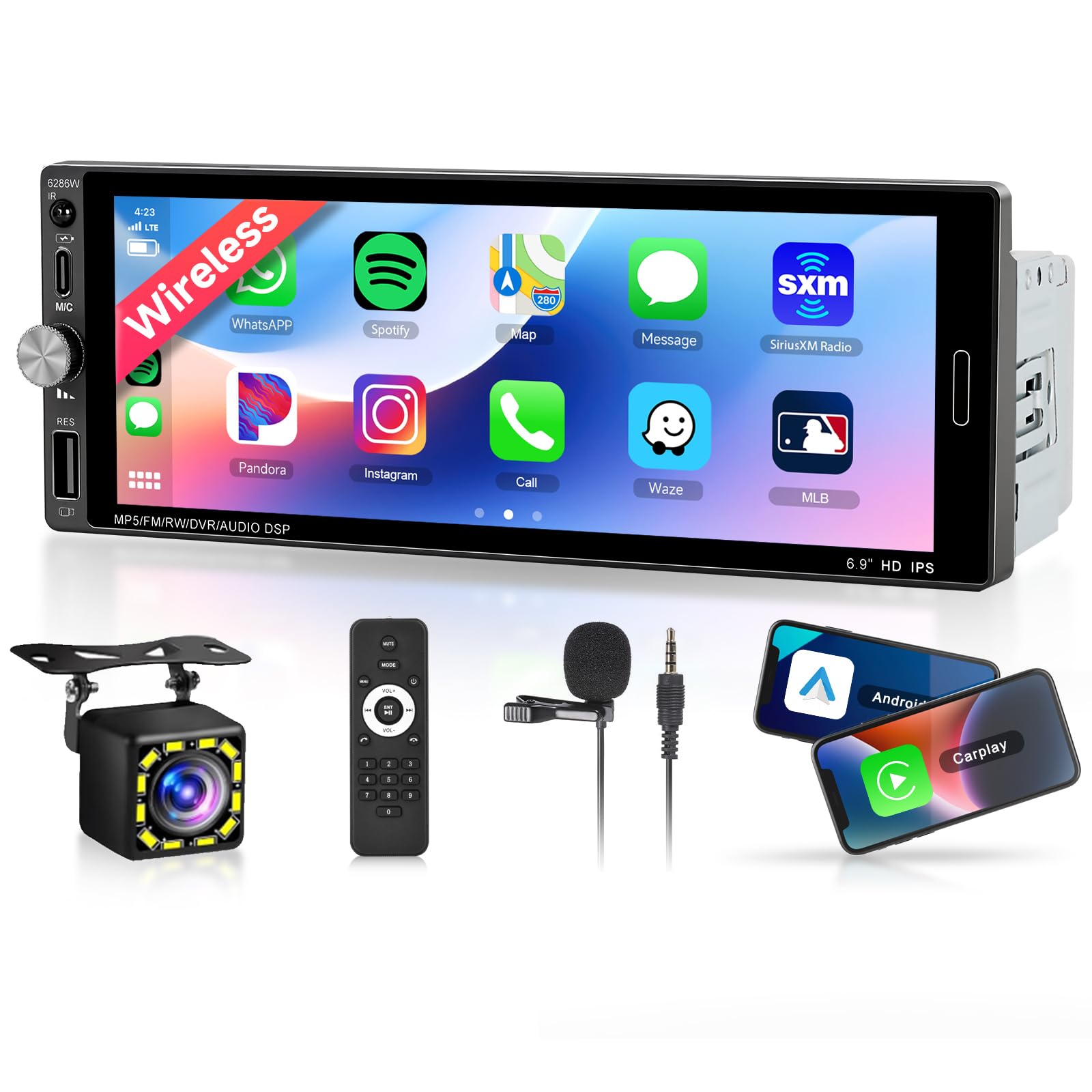 Photo 1 of Single Din Car Stereo with Wireless Carplay Android Auto-2025 Upgraded Bluetooth 5.2 Type-C Dual Mic 6.9 Inch IPS Touch Screen Car Radio with Backup Camera Mirror Link FM USB EQ SWC