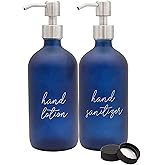 Darware Navy Lotion/Sanitizer Pump Bottles (Set of 2, Navy Blue); Glass Pump Dispenser Bottles for Hand Care, Pre-Labeled