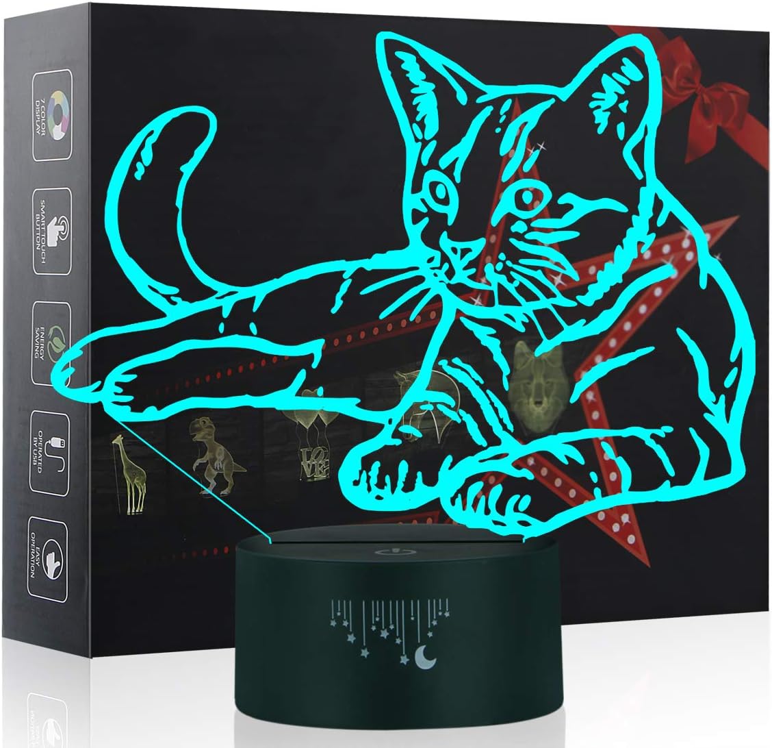 3D Cat Night Light Optical Illusion LED Lights,Yunplus 7 Colors Touch Switch Home Decor Table Desk Lamps Beside Lamp,Perfect Gift for Children Birthday Christmas
