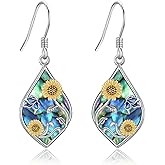 Sunflower Earrings S925 Sterling Silver Butterfly Sunflower Dangle Drop Earrings Abalone Shell Jewelry Gifts For Women Female Mom
