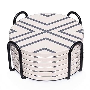 LIFVER 6 Piece Absorbent Stone Coaster Set with Holder, Ceramic Drink Coasters, Grey Lines, 4 Inch