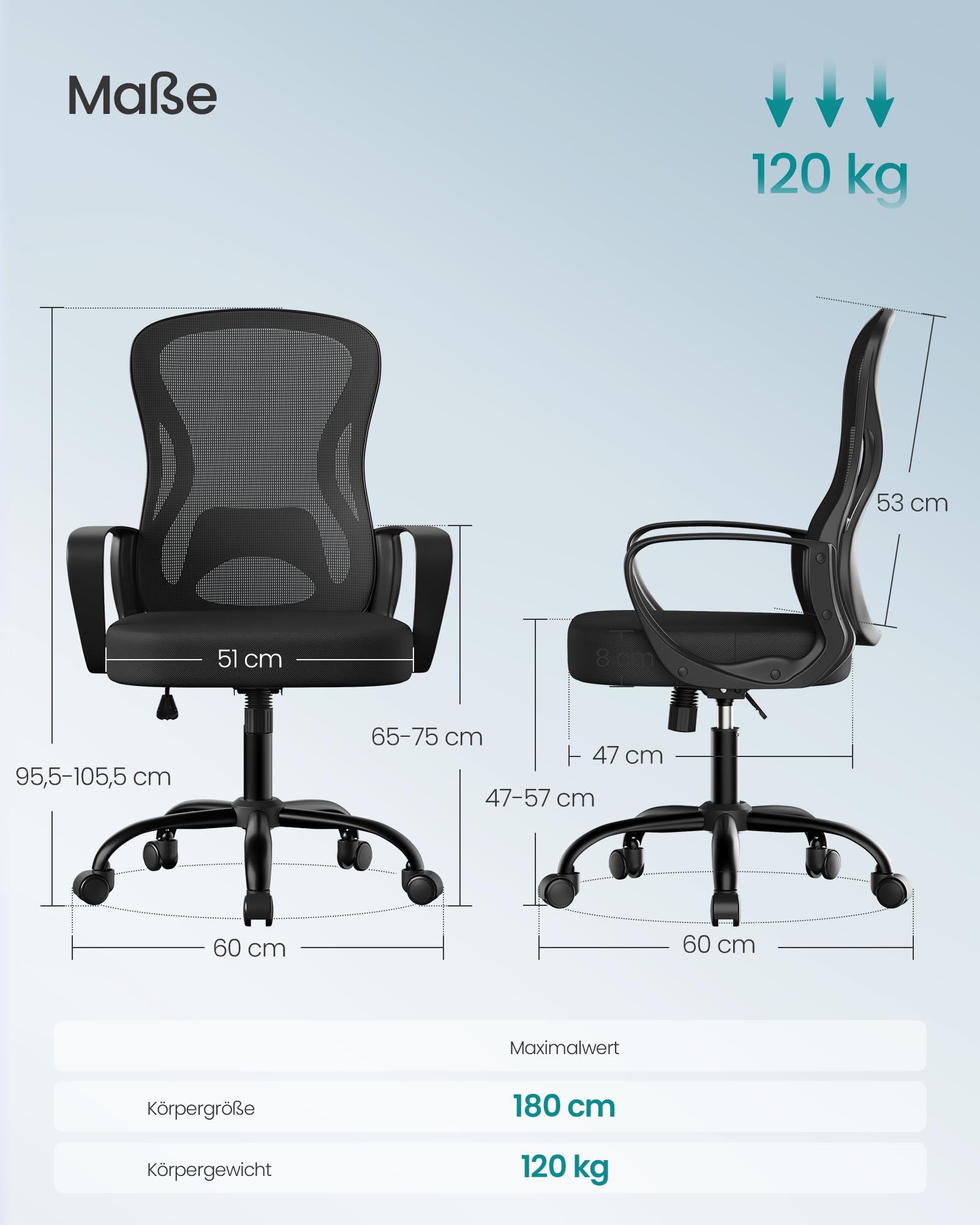 SONGMICS Bürostuhl ergonomisch, Drehstuhl mit Netzgewebe, Schreibtischstuhl mit Lendenstütze, Wippfunktion, Armlehnen, für Arbeitszimmer, Schlafzimmer, tintenschwarz OBN043BH02 2