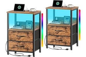 SIEDIHIT Night Stand Set of 2, Bedside Tables with Fabric Drawers, Side Table with Charging Station, LED Nightstand with USB Ports and Outlets, Small End Table for Bedroom, Rustic Brown