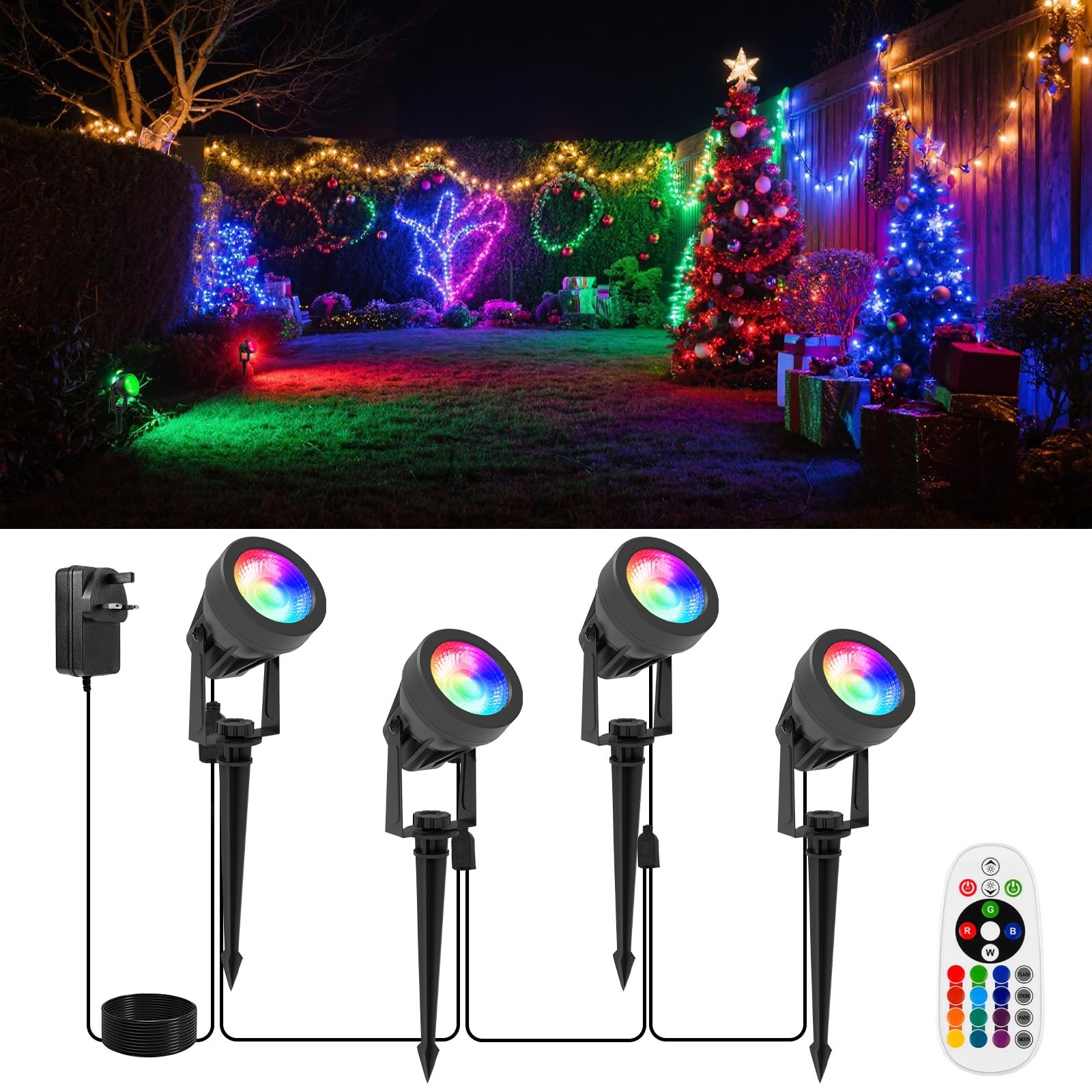 NATPOW Garden Lights Mains Powered, RGB Garden Spot Lights, LED Landscape Spotlights with Remote Control, IP65 Waterproof Spike Lights for Outdoor Tree Decorations, Lawn, Pathway Yard (4-in-1)