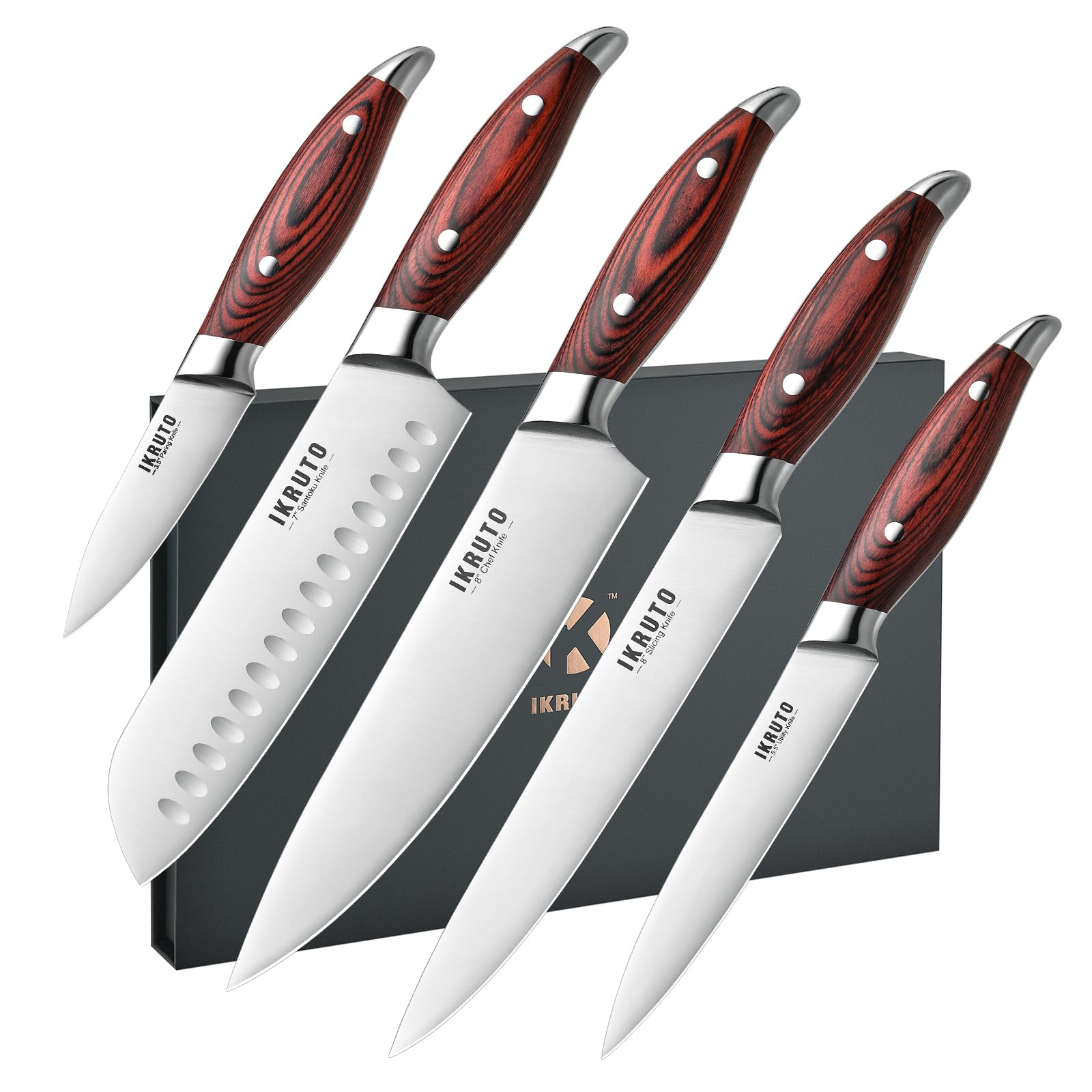 Photo 1 of IKRUTO 5-Piece kitchen knife set - Ultra-Sharp High Carbon Stainless Steel Blades with Ergonomic Pakkawood Handles, Professional Kitchen Knives Sets, Elegant Gift Box Packaging