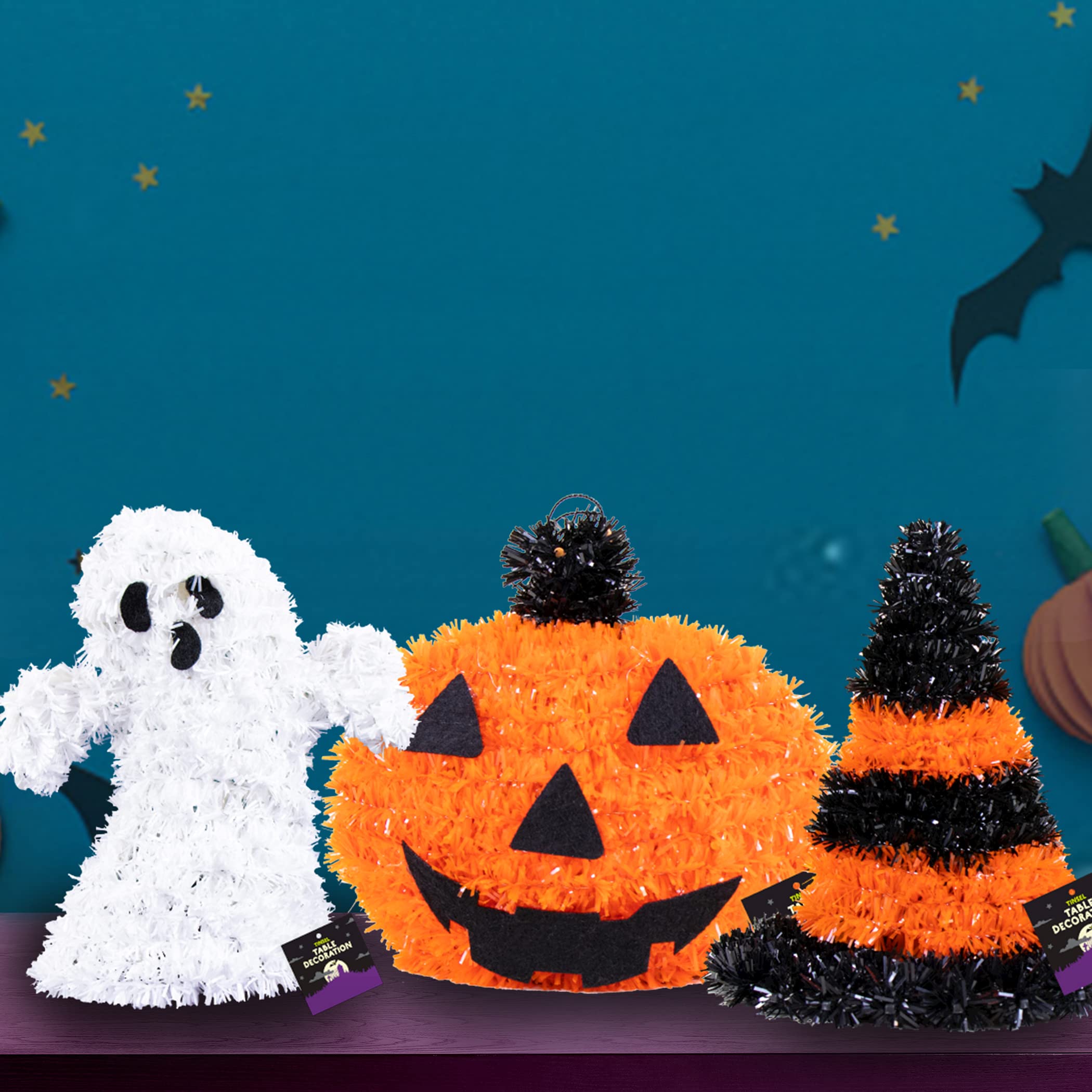 New 3 PACK Of Pumpkin, Ghost, Hat 1 Pack Of Each - Halloween Tinsel Table Decoration Ideal Halloween Party Decor/Gift