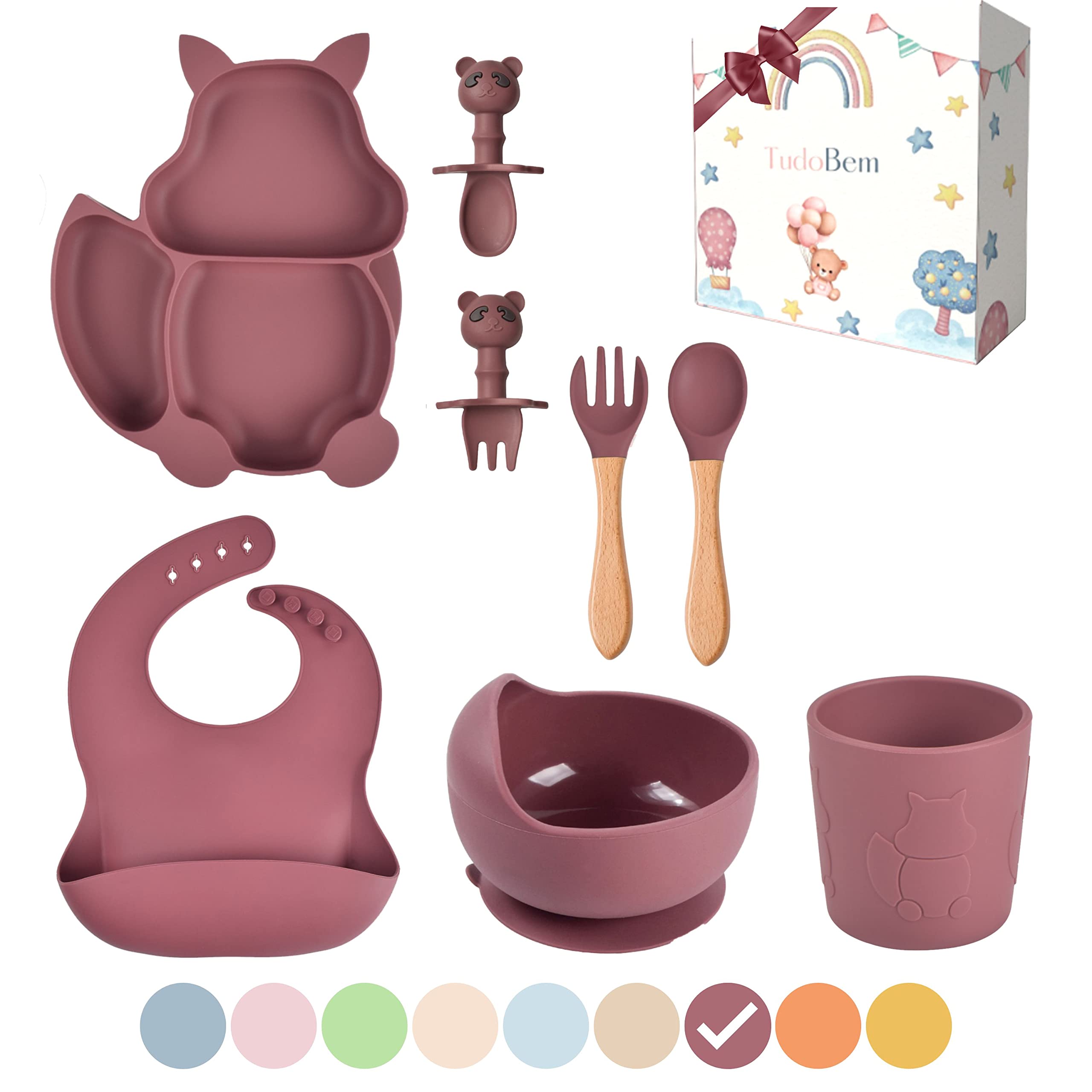 TudoBem Silicone Baby Weaning Set [8 Pieces] – Baby Feeding Set with Suction Plate, Weaning Bib, Baby Bowls, Baby Spoons & Forks, Training Cup – Perfect Newborn Baby Gift & Baby Essentials