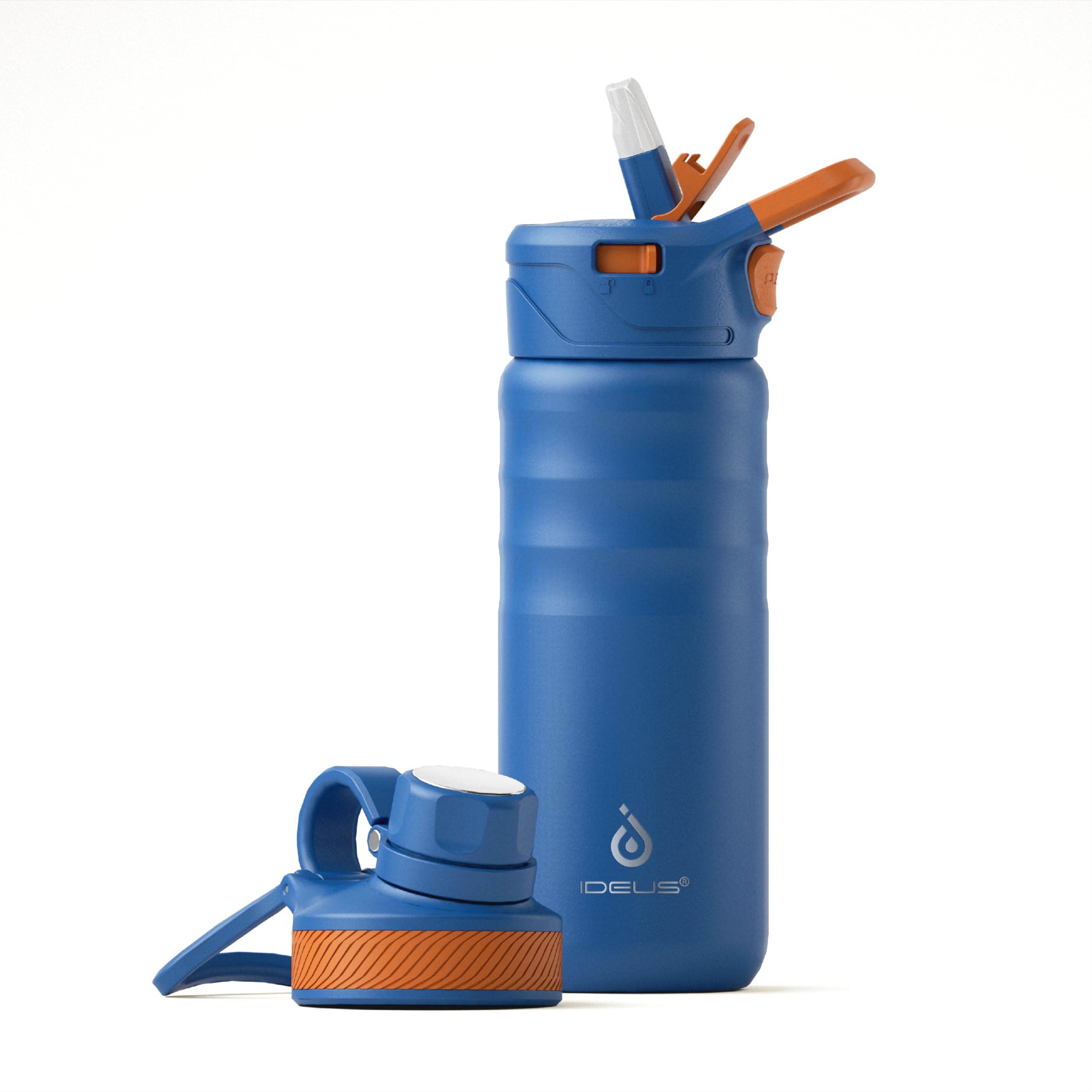 Photo 1 of IDEUS Insulated Stainless Steel Water Bottle with 2 Leak-Proof Lids, Thermal Water Flask for Hiking Biking, 18oz, Bright Blue