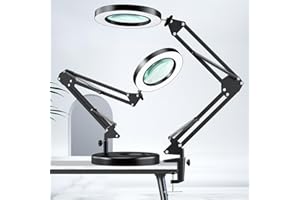 HITTI 10X Magnifying Glass with Light, 1,800 Lumens Stepless Dimmable, 3 Color Modes, 4.2″ Real Glass Lens LED Magnifying Desk Lamp & Clamp, Magnifier Light and Stand for Crafts Welding Close Work