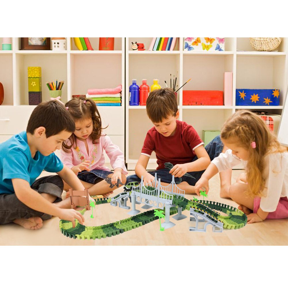 Nuheby Dinosaur Toys Car Racing with 142pcs Flexible Race Track Set -2Dinosaurs 1 Military Vehicles,4 Trees,2 Slopes,1 Door and 1 Bridge for Party Games 3 Year Old Girl&Boy Gifts