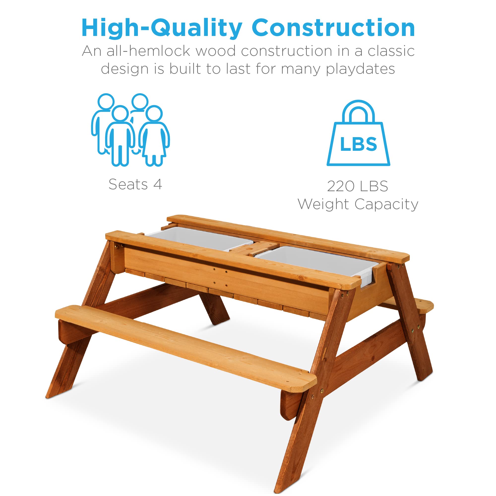 Best Choice Products Kids 3-in-1 Sand & Water Table, Wood Outdoor Convertible Picnic Table w/Umbrella, 2 Trays, Removable Top, 220lb Capacity Per Bench - Navy