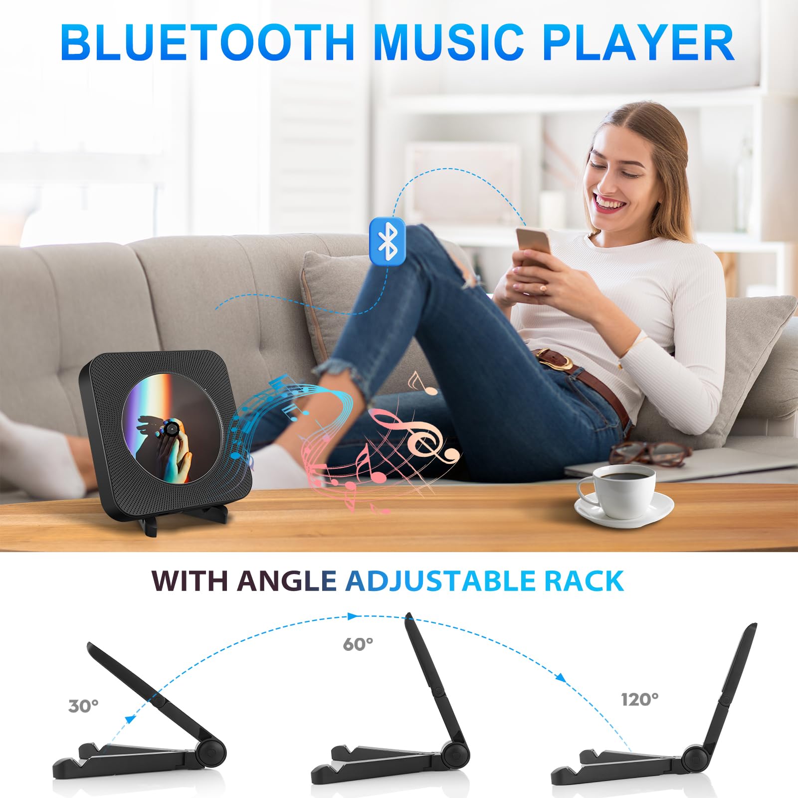 Wall CD Player with Bluetooth, Portable CD Player with Speakers, CD/Bluetooth/FM Radio/USB/AUX, Bluetooth CD Player for Home, HiFi Music Player with Rack
