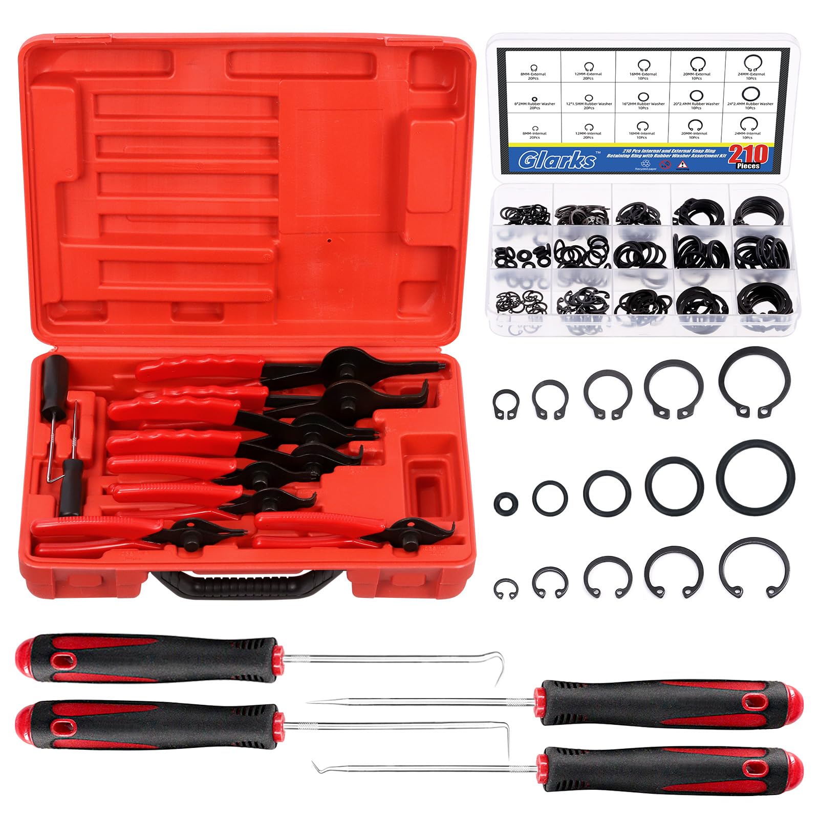 Glarks 225Pcs Heavy Duty Snap Ring Pliers Set, Straight & Bent Jaw Pliers and Internal External Circlip Snap Retaining Clip Rings and Metric Rubber O-Rings with Removal Hooks Assortment Kit