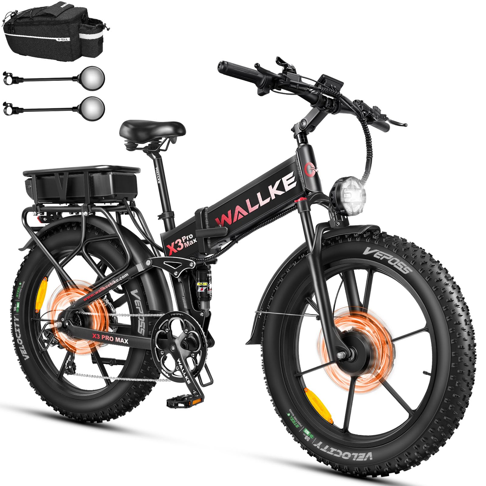 W Wallke AWD Dual Motor Foldable Electric Bike for Adults, 48V 44Ah/22Ah Dual Battery Long Range 170 Mile, 26x4 Fat Tire 35MPH Fast Ebike, Full Suspension Mountain Offroad Bicycle, SHM 7 Speed,UL2849