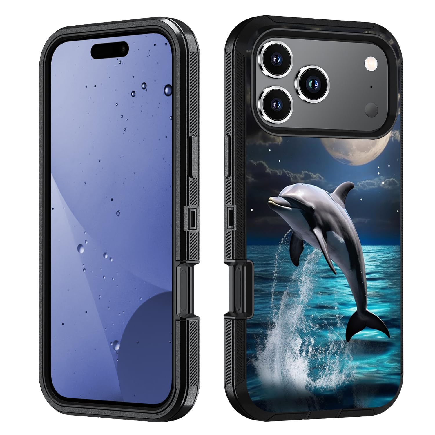 BWOOLL for iPhone 17 Pro Case, Heavy Duty 3 in 1 Hybrid Hard PC & Soft Silicone [Military Grade] Shockproof Drop Protection Case for iPhone 17 Pro (6.3" 2025), Dolphin Under The Moon