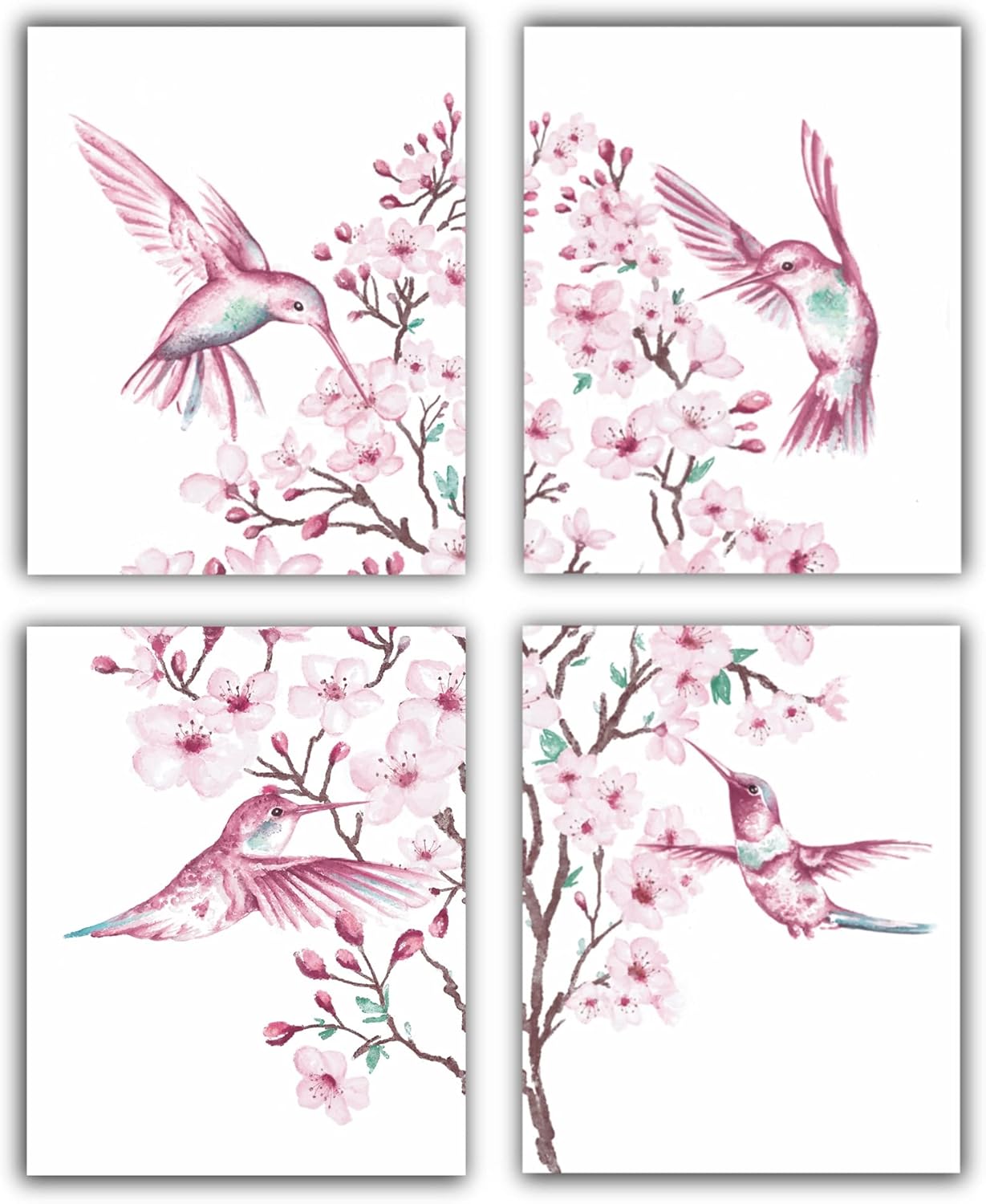 Wall Décor - Kairos Home Hummingbird Decor - Set Of 4 Inspired Hummingbird Wall Decor Prints. Bird Decor And Cherry Blossom Decor Combine Together To Make Beautiful Hummingbird Wall Art. Enjoy This Hummingbird Watercolor Print For Your Own Home, Or Buy These Hummingbird Prints As A Bird Wall Art Gift, Cherry Blossom Wall Art Gift, Or Bird Wall Decor Gift. These Are Unframed Wall Art Prints - No Frames Included (8x10)