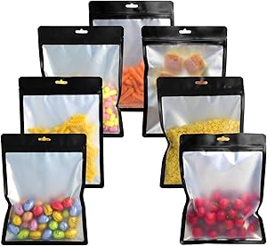100 Pieces Mylar Ziplock Bags Smell Proof Resealable Bag for Food Storage, Multipurpose Foil Packaging Pouch Bag Reusable (Black Bags with Clear Window, 7.8