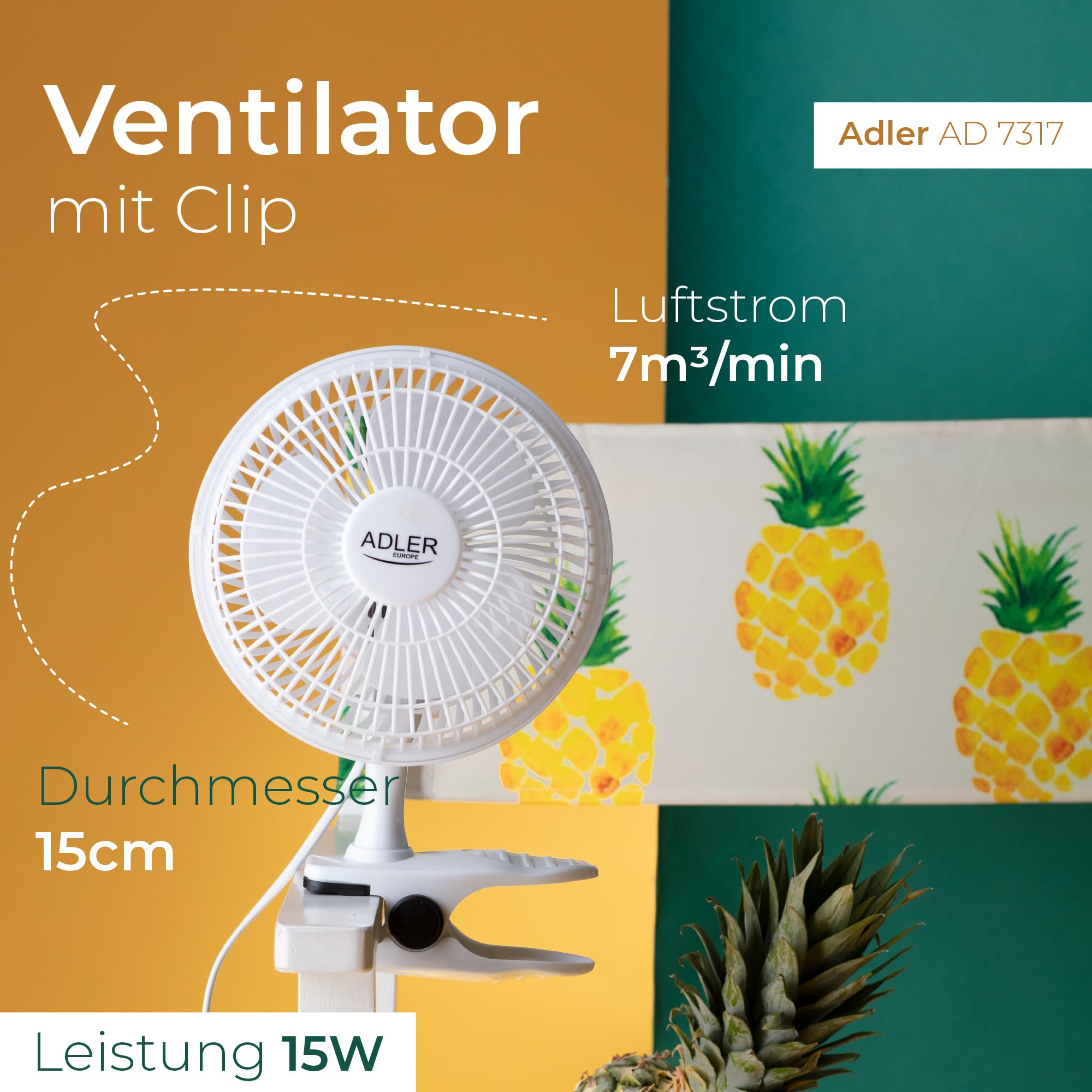 Adler AD 7317 Tischventilator mit Clip, Tragbarer, Klingen Durchmesser 15cm, 2 Geschwindigkeitsstufen, Mini Ventilator, Klein, Weiß, 30W, Einheitsgröße 5