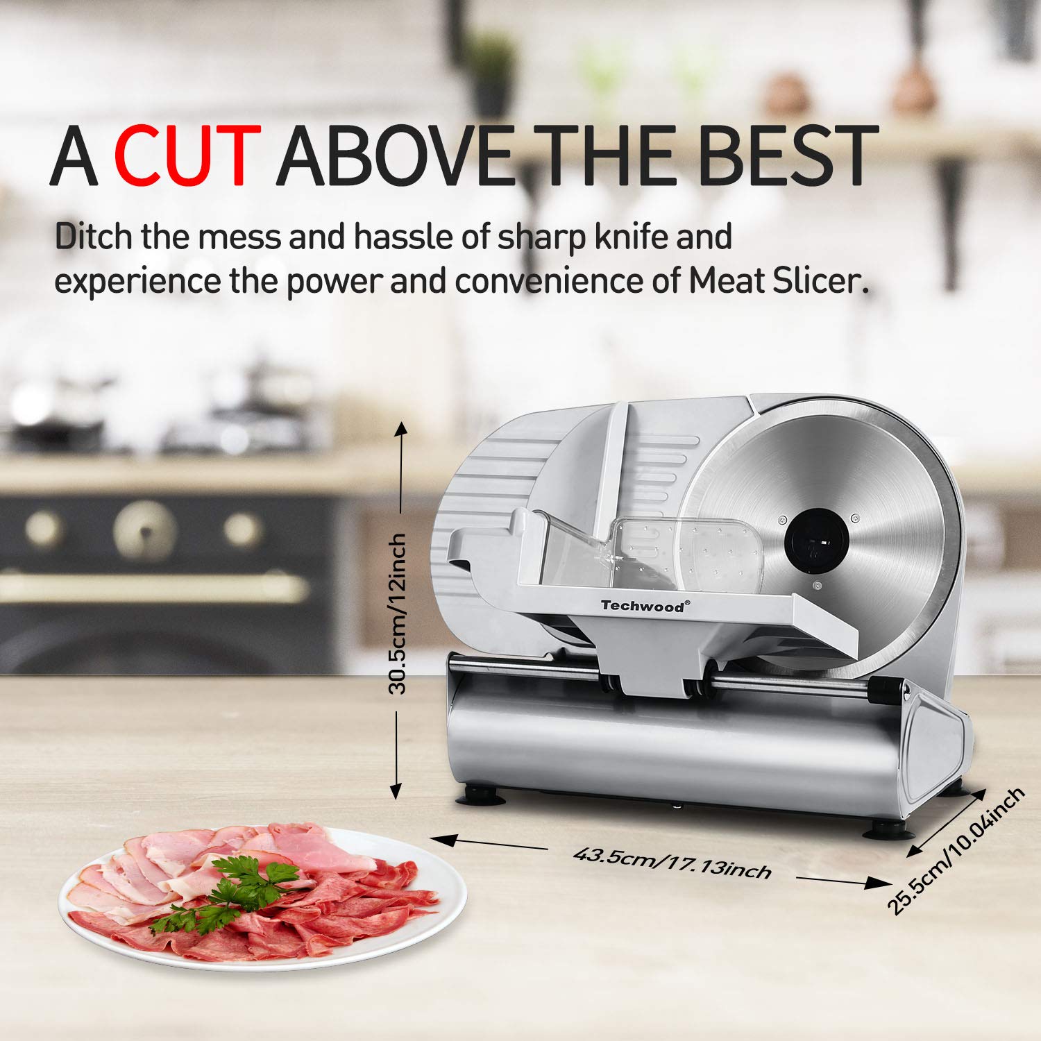 Meat Slicer, Techwood Electric Deil Food Slicer with Removable 9” Stainless Steel Blade, Deli Cheese Fruit Vegetable Bread Cutter with Adjustable Knob for Thickness, Food Carriage & Non-Slip Feet