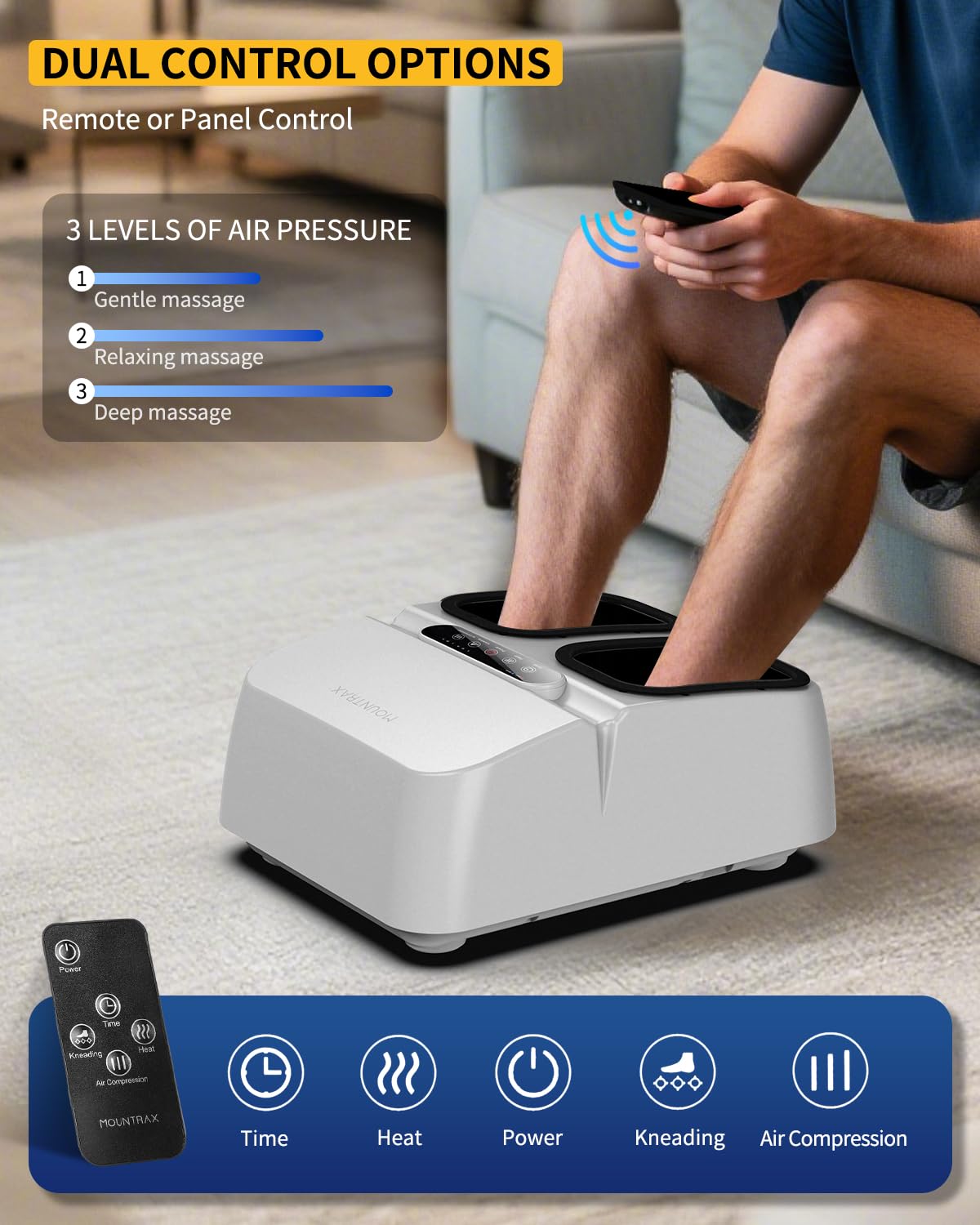 MOUNTRAX Foot Massager Machine with Heat, Foot Massager for Plantar Fasciitis, Neuropathy Pain, Shiatsu Foot Massager with Remote, Fits Feet Up to Men Size 12 (White)