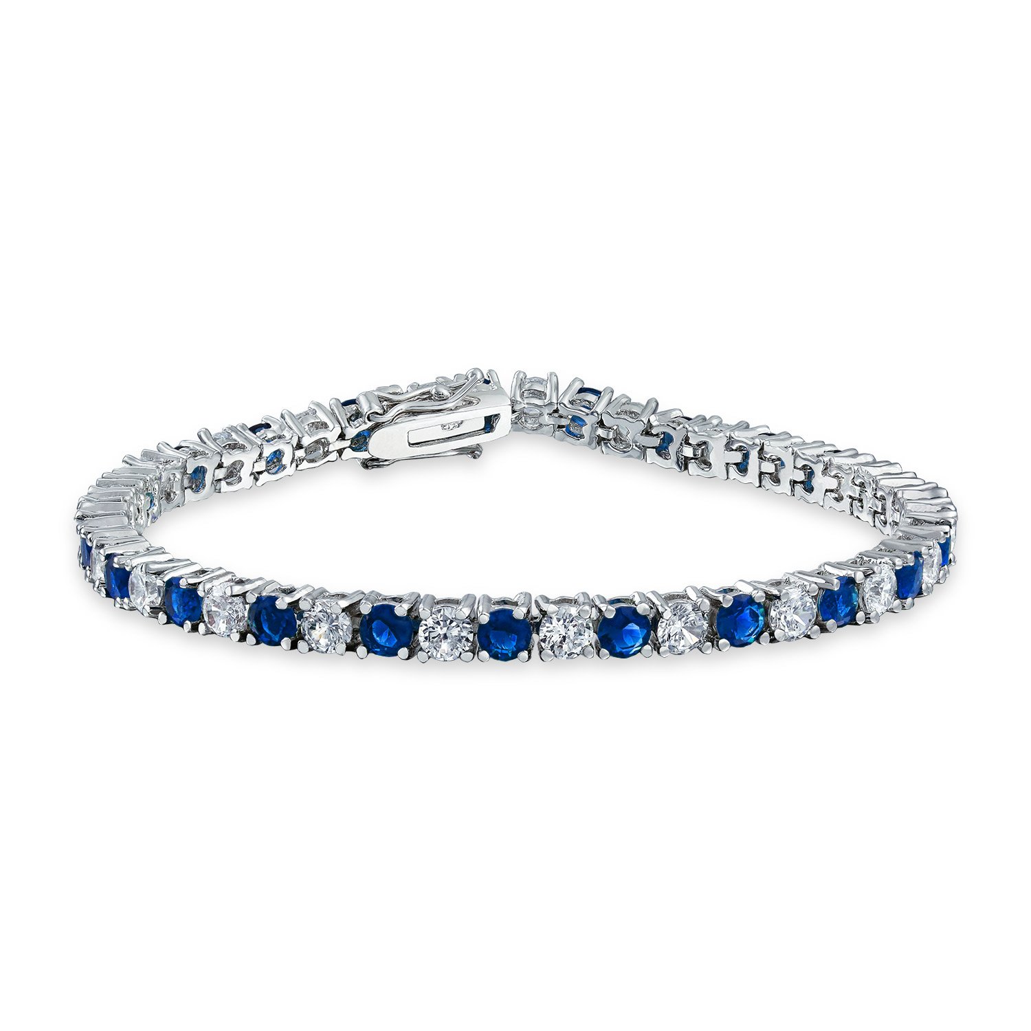 Bling Jewelry Royal Blue White Alternating Simulated Sapphire Round Cubic Zirconia 12.00 CT 4 Prong Basket Set Solitaire AAA CZ Tennis Bracelet For Women Prom Bride Silver Plated 7.5 Inch — image 1