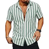 Runcati Mens Striped Button Down Shirts Casual Short Sleeve Linen Shirt Summer Beach Vacation Tops