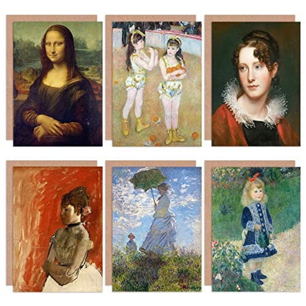 Artery8 Renoir Monet Degas Peale Da Vinci Mona Lisa Portrait Mixed Fine Art Greeting Card Pack of 6