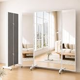 71&rdquo;x67&rdquo; Full Length 3-Way Glassless Rolling Mirror,Foldable Floor Standing | Trifold Nano Mirror with Wheels,Ultra-Light Mirror for Home Gym,Dance Studio &amp; Workout Room,Space Saving,White