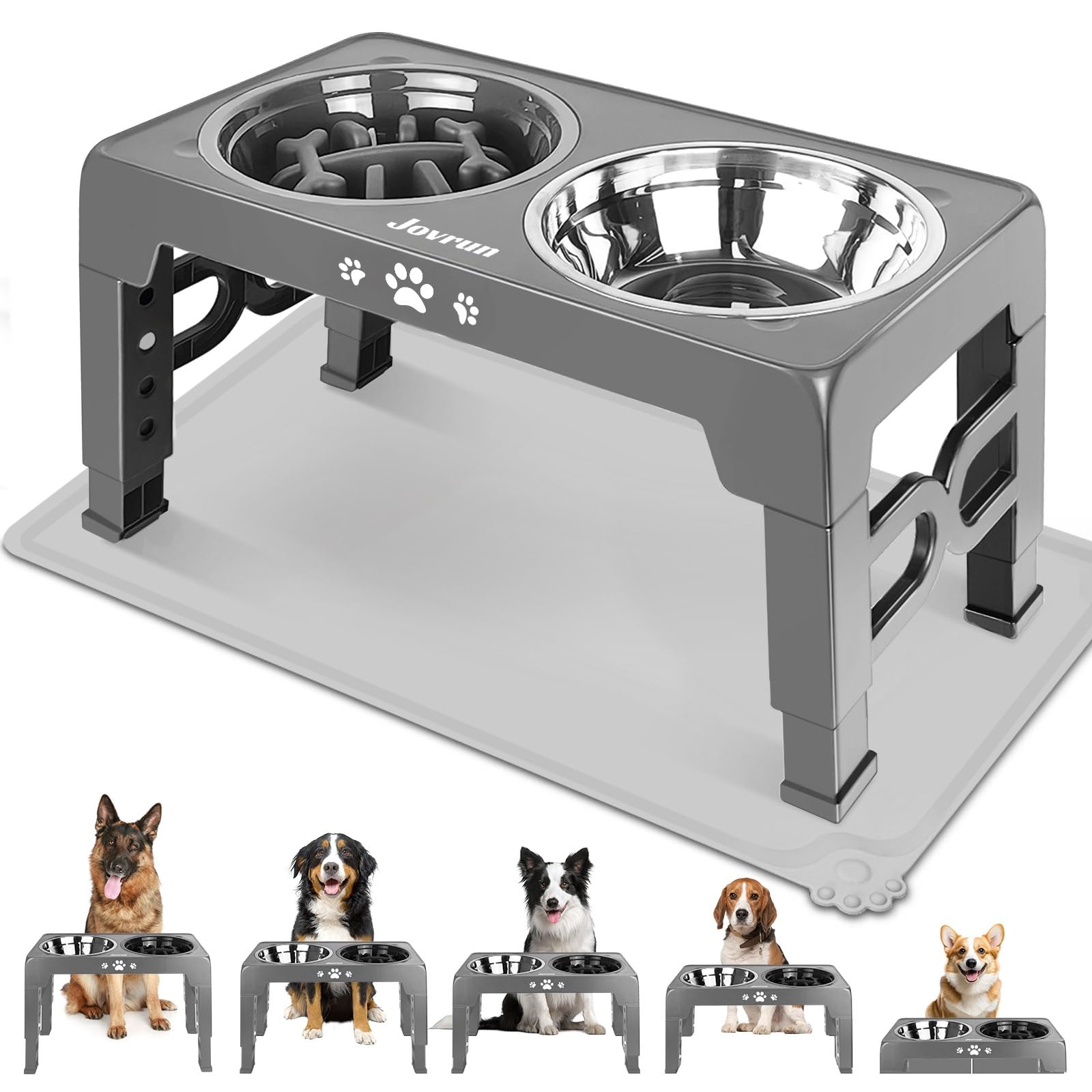 Photo 1 of Jovrun Elevated Dog Bowls with Mat, Non-Slip Dog Feeder with 1*Stainless Steel Dishes & 1*Slow Feeder Bowl, 5 Heights Adjustable Raised Bowls for 3.15?-8.66?-9.84?-11.02?-12.2?