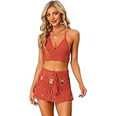 Allegra K Women's 2 Pieces Bikini Set Hollow Out Cami Top Mini Skirt Summer Beach Crochet Knit Sets