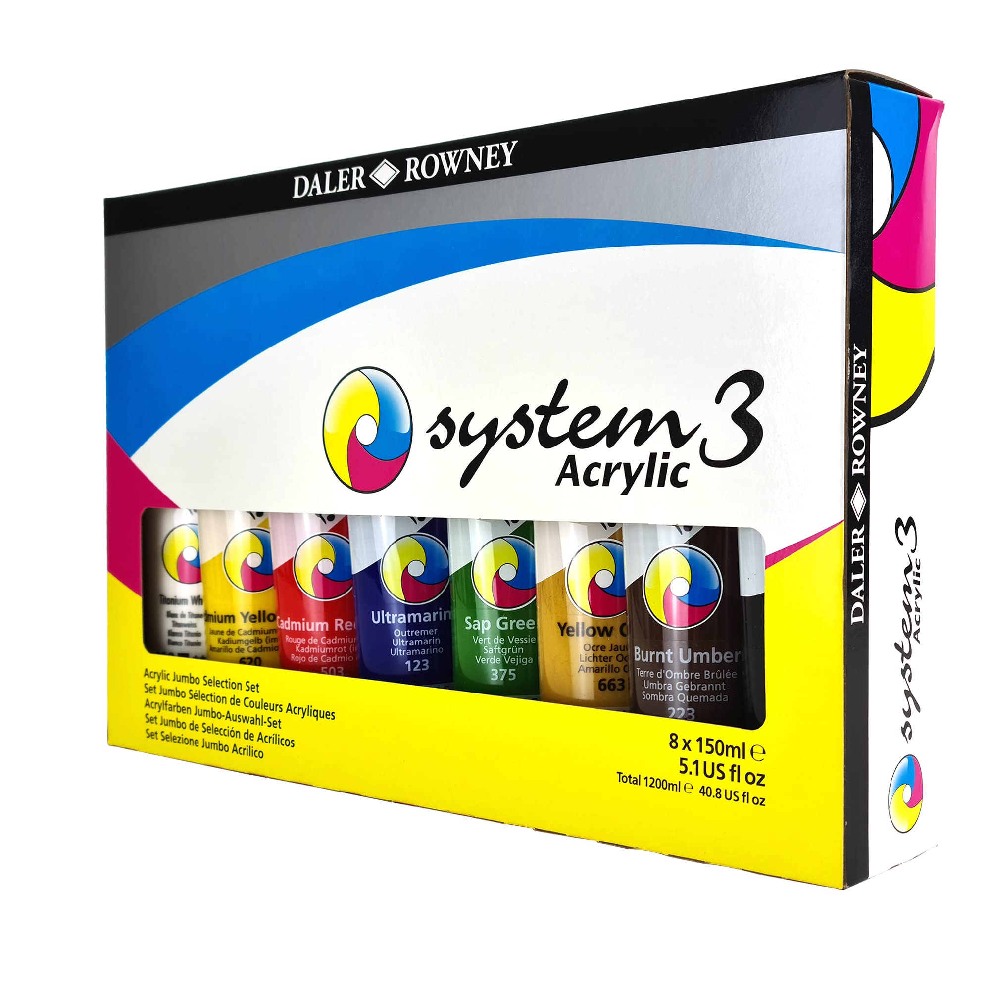Daler-Rowney System3 59ml Acrylic Paint Selection Set, 8 x Assorted Vibrant Colours, Multi-Surface, Ideal for Professional Artists & Students