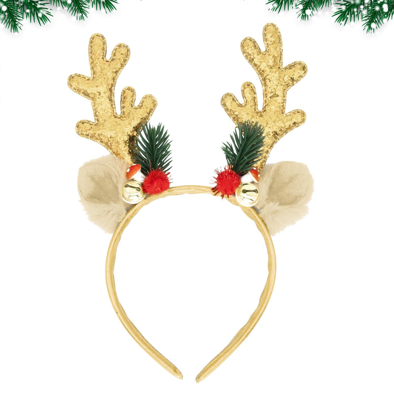 Christmas Reindeer Antlers Headband Sequins Christmas Headbands Cute Xmas Hair Hoops with Ears Christmas Head Hat Toppers Costume Headwear for Xmas Holiday Party Decoration A7LJFG