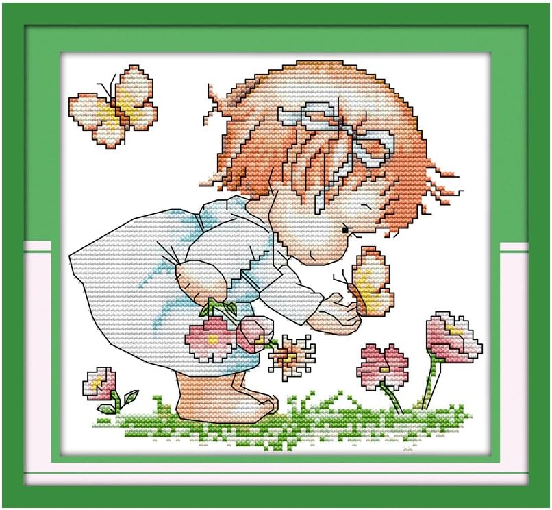 Stamped Cross Stitch Kits for Beginners Acurate Pre-Printed Counted Cross Stitch - Girl and Butterfly