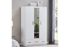 ClassyCabin 3 Door Wardrobe Closet with Mirror, Wooden 3 Drawers Armoire Wardrobe Closet for High Storage Capacity, White Tall Cabinet Closet Wardrobe with 2 Hanging Rod 47.3" L x 20.3" W x 74.2" H