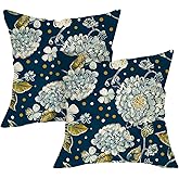 Fjfz Navy Blue White Flower Theme Decorative Throw Pillow Covers 18 x 18 Set of 2, Boho Floral Polka Dots Botanical Porch Outdoor Home Decor, Spring Summer Sofa Couch Cushion Case Housewarming Gift