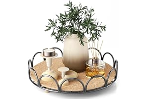 Qcold Decorative Serving Tray, Farmhouse Room Decor Round Decorative Trays for Coffee Table Kitchen Dinning Table Entryway, Black Wire Centerpiece Decor Tray with Cork Liner for Home Organizer