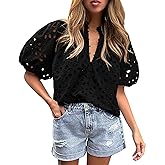 hathne Women's Embroidered Eyelet Blouses Tops Summer V Neck Hollow Out Lantern Short Sleeve Shirts