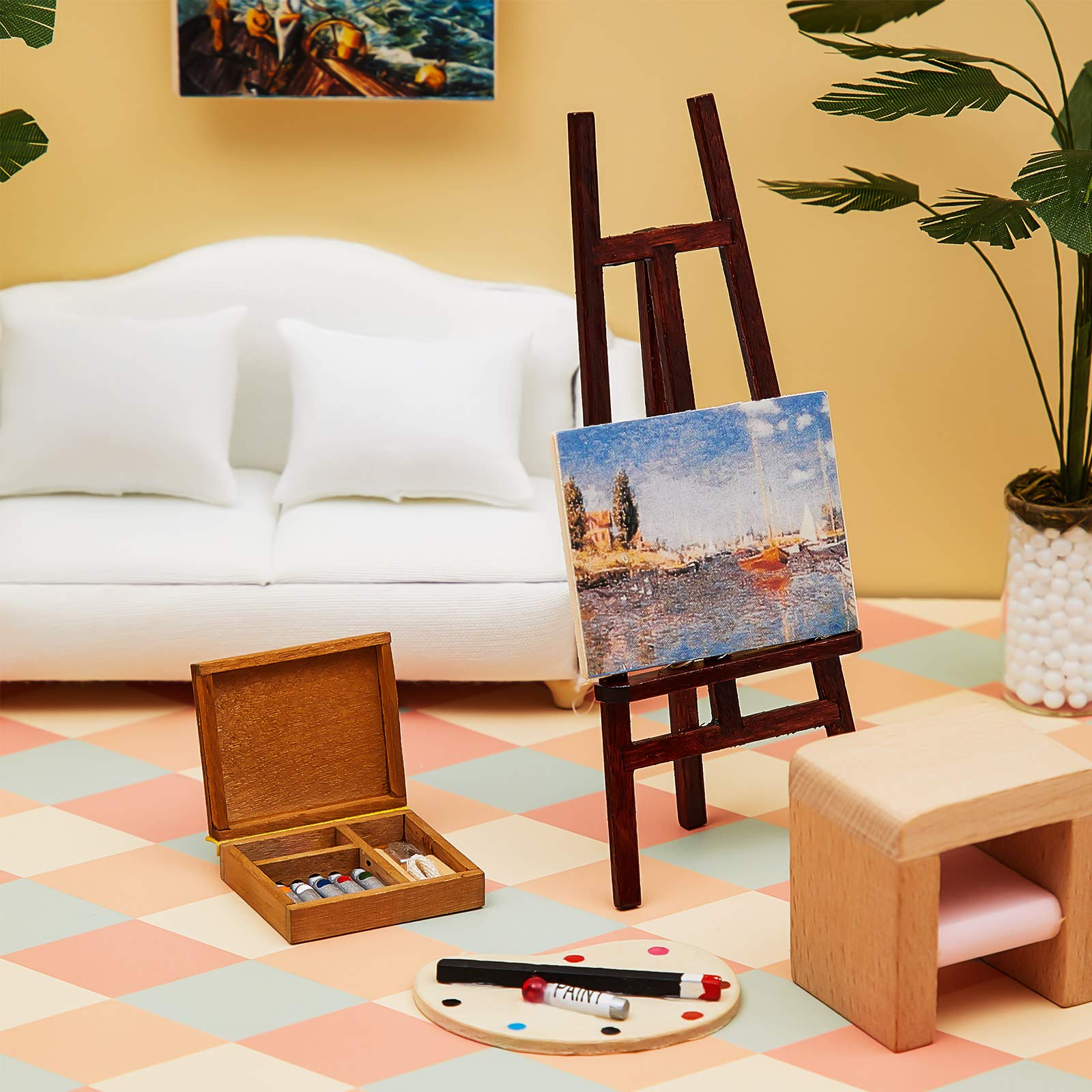 Skylety 3-Piece Dollhouse Painting Tool Accessories Set - Wooden Easel, Miniature Palette, Watercolor Box for Dolls