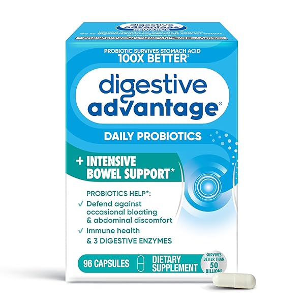 IBS DAILY PROBIOTIC CAPSULES FOR DIGESTIVE HEALTH & GUT HEALTH, DIGESTIVE ADVANTAGE PROBIOTICS FOR MEN AND WOMEN (96 COUNT BOX) – DIGESTIBLE ENZYMES