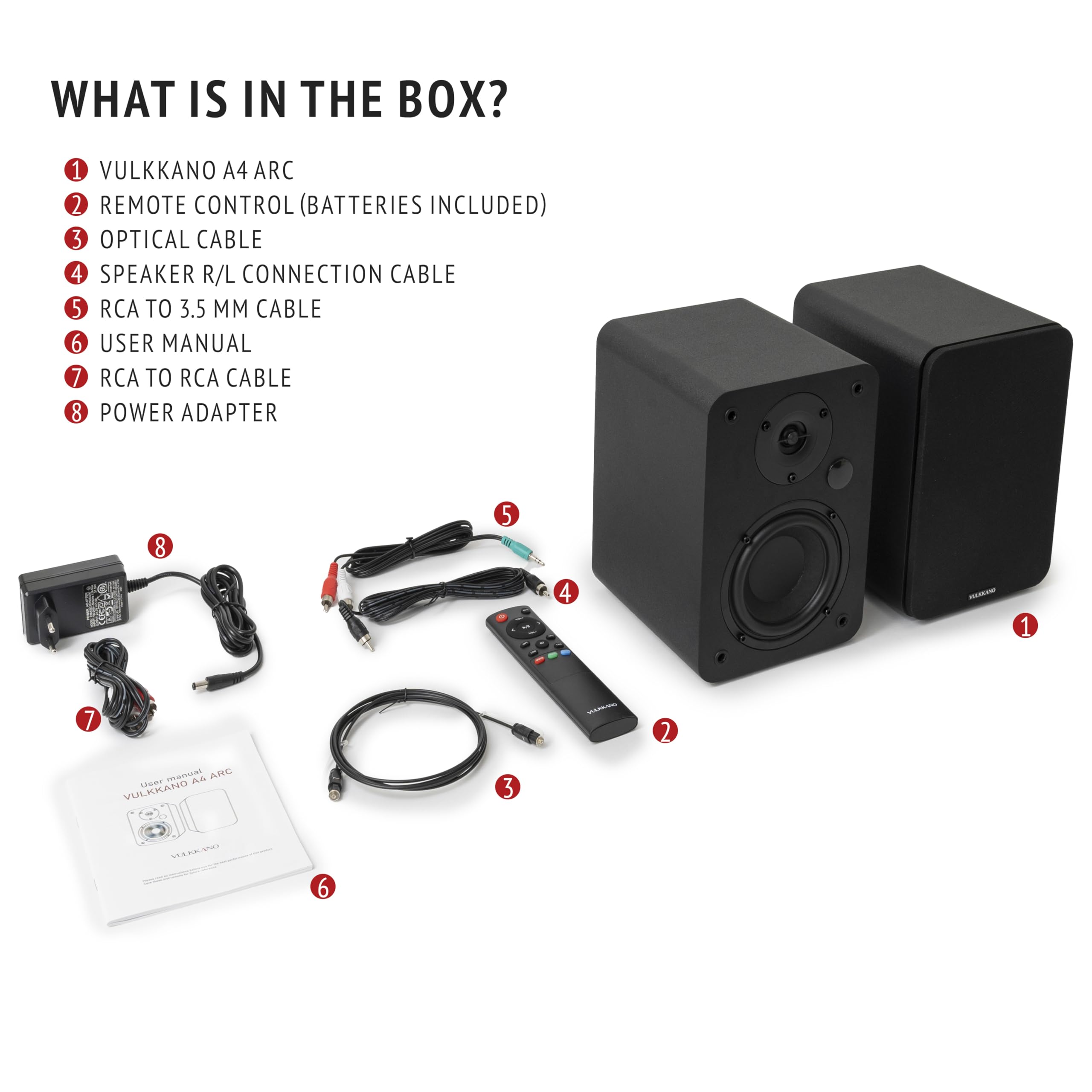 VULKKANO A4 ARC Aktivlautsprecher mit 4" Woofer, Bluetooth 5.0, HDMI ARC, Optica, RCA, USB, mit Subwoofer-Ausgang, Regallautsprecher mit elegantem Design, Schwarz 7