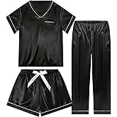 TinyChoice 3 Piece Silk Satin Pajamas Set for Women Soft Short Sleeve Pjs Silky V Neck Sleepwear with Top Shorts and Pants,Black,S