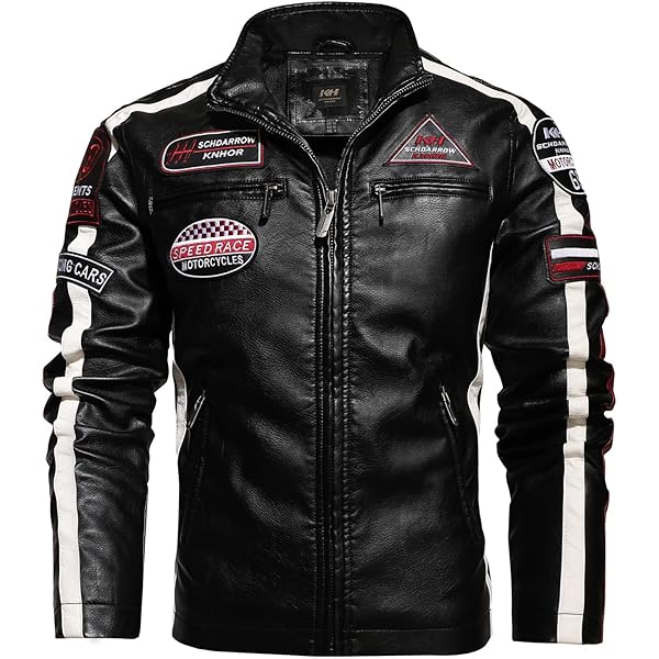 chouyatou Men's Thermal Fleece Lined Patchwork Moto Racer Faux