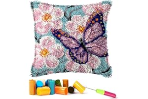 EMISTEM Latch Hook Kits for Adults - Latch Hook Pillow Kits, Crochet Yarn Kit for Beginners, DIY Needlework Crafts Cover Case with Printed Canvas,(Butterfly in Flowers,17x17 inch)