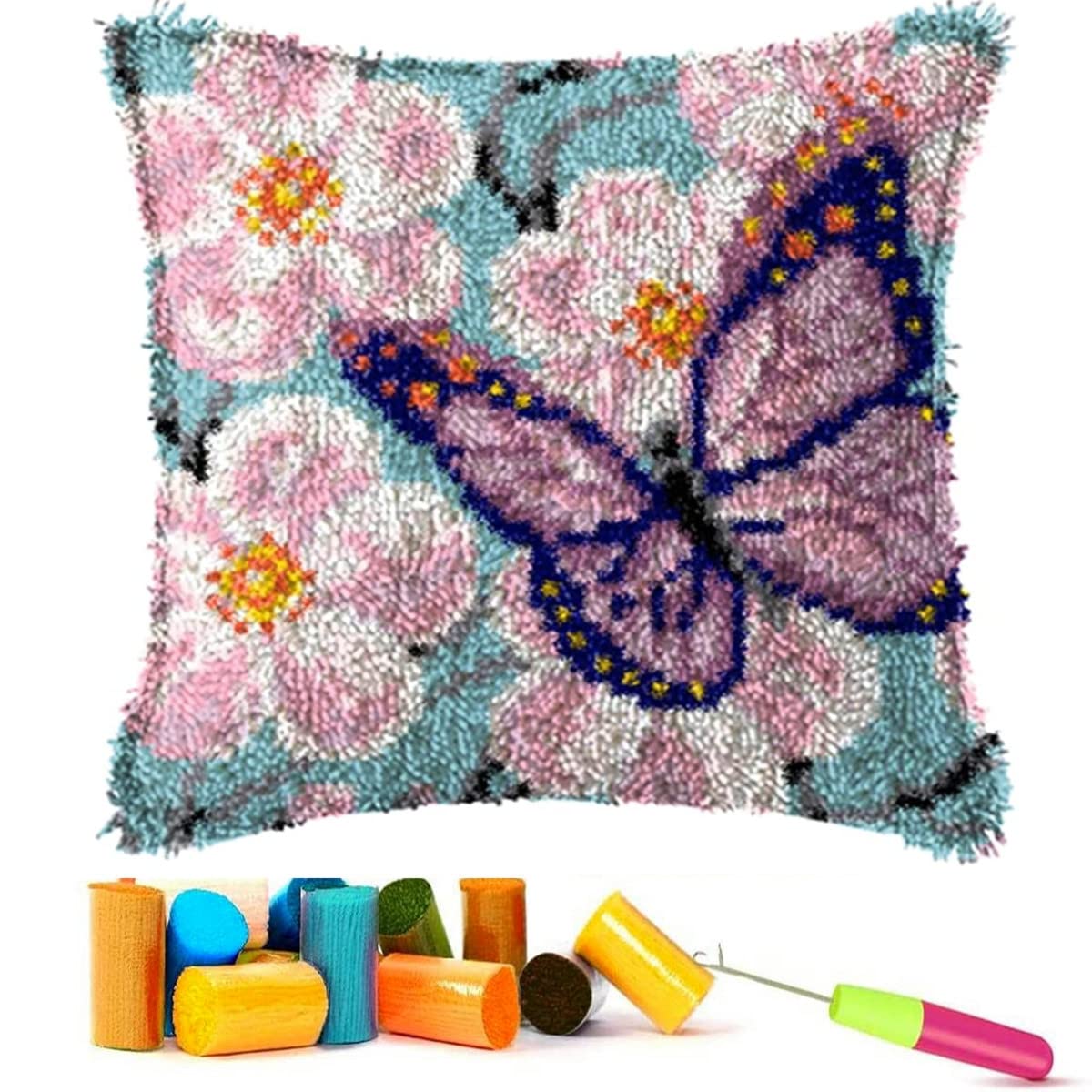 EMISTEM Latch Hook Kits for Adults - Latch Hook Pillow Kits, Crochet Yarn Kit for Beginners, DIY Needlework Crafts Cover Case with Printed Canvas,(Butterfly in Flowers,17x17 inch)