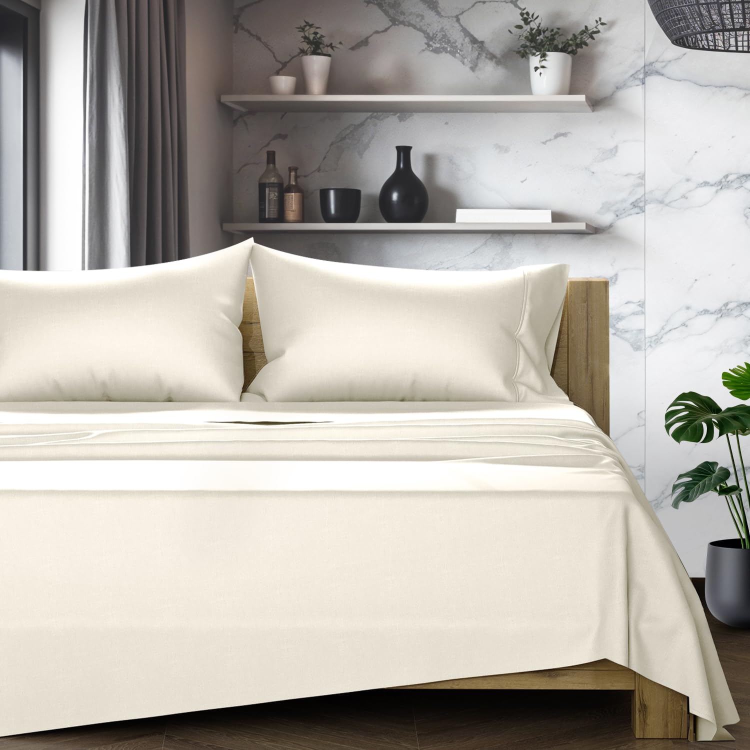 Photo 1 of TEXAS LINEN CO. 100% Egyptian Cotton Sheets California King Size Bed Set - 4 PC 1200 Luxury High Thread Count Ivory Cal King Sheet Set, Silky Soft, Cooling, Sateen Weave, 17" Deep Pocket Bedsheet