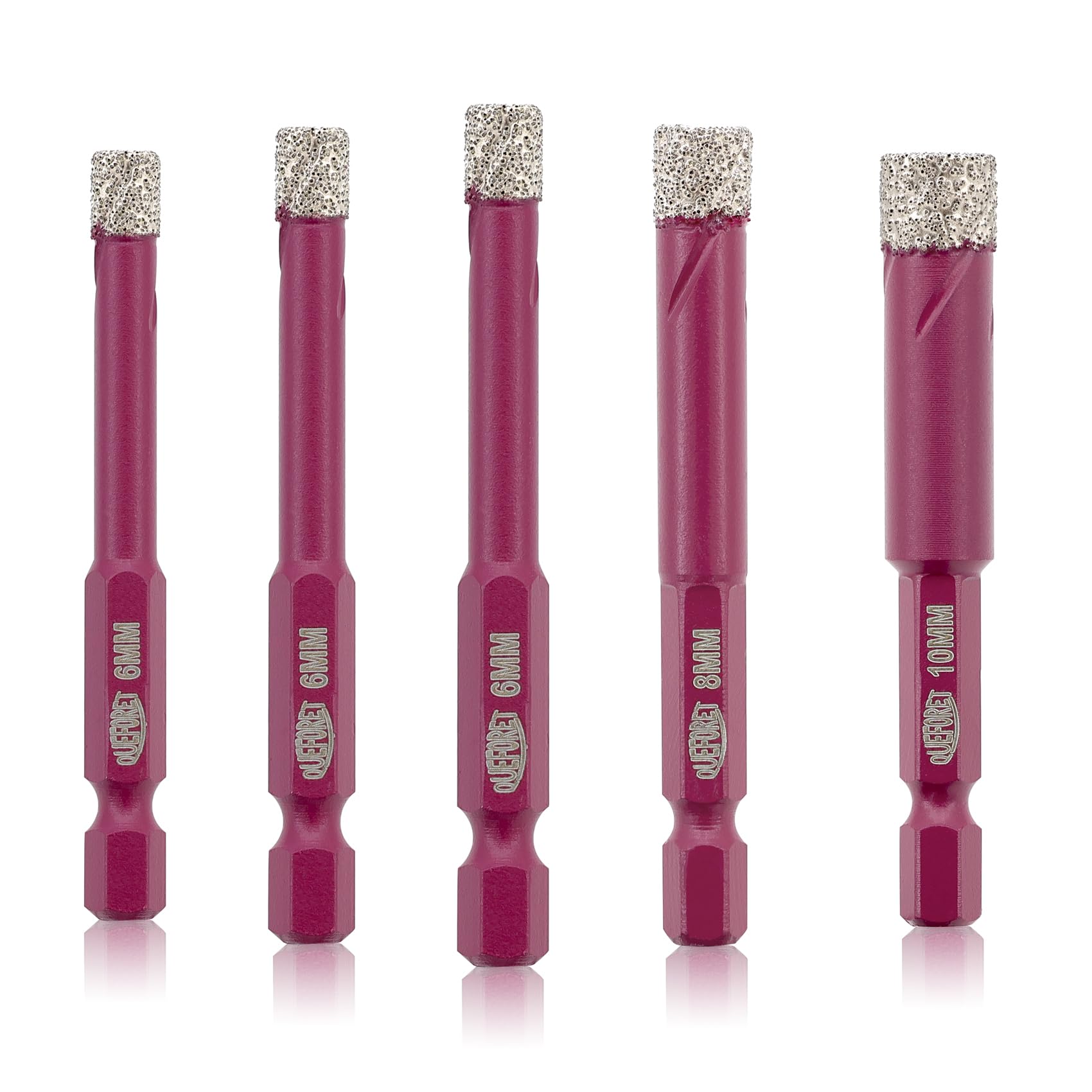 QUEFORET Diamond Drill Bits Set - 5pcs 6/6/6/8/10mm Dry Hole Saw Kit for Drilling Ceramic Porcelain Tile Marble Granite, Quick Change Hex Shank