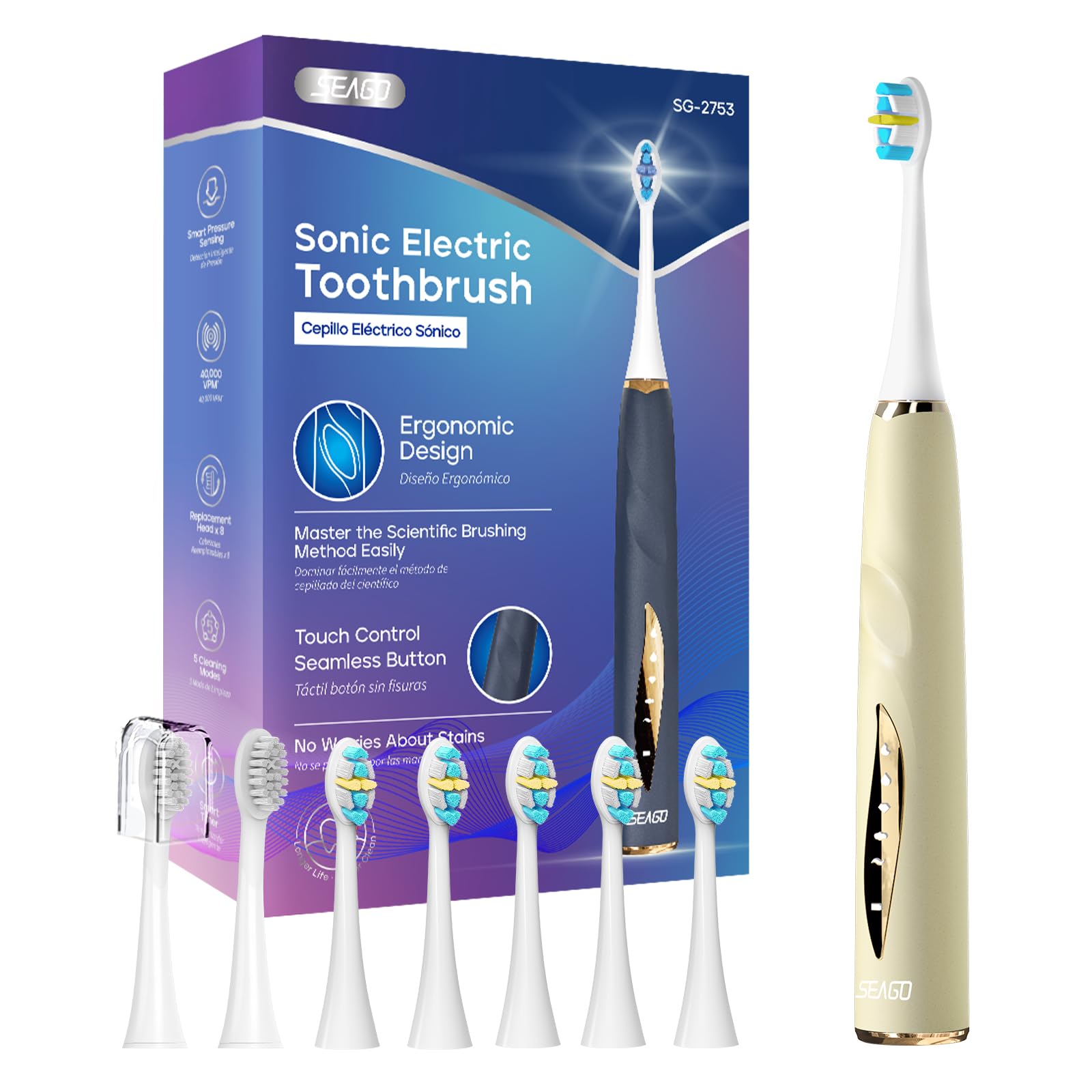 Seago Electric Toothbrush with Pressure Sensor - Ultrasonic Whitening Toothbrush - 8 Brush Heads & Replacement Reminder - 30 Days Standby & USB Charging - 5 Cleaning Modes, for Adults, SG2753(Beige)