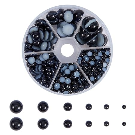 PandaHall Elite 690 Stück Schwarz Nachahmung Perlen Halbrund ABS Acryl Kuppel Basteln Cabochons Gemischte Größe