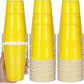 zisiueel 100 Pieces 16 oz Plastic Cups Disposable Drinking Cups Bulk for Beverage Coffee Picnics Christmas Day Birthday Party Wedding Halloween Thanksgiving(Yellow)