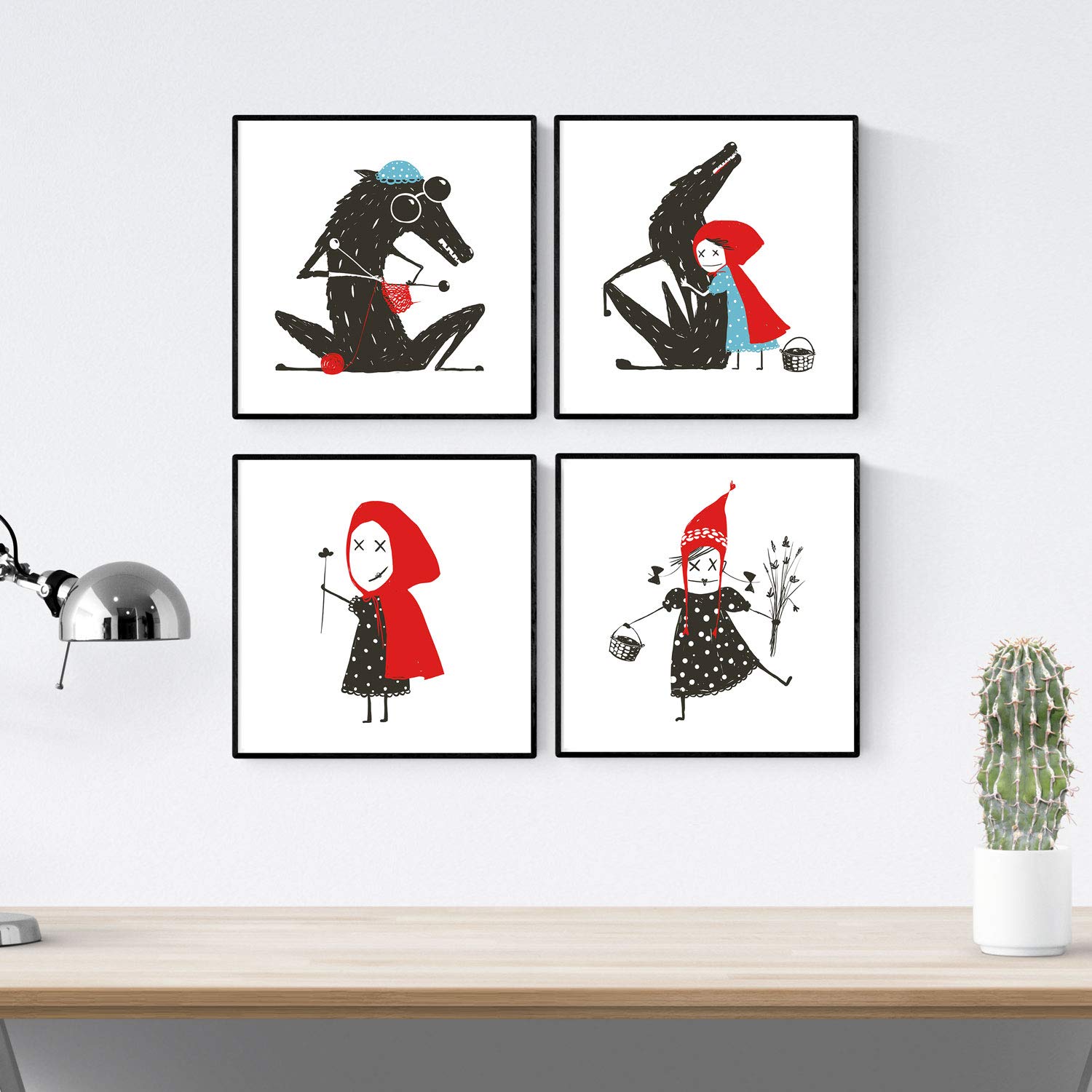 Nacnic Pack 4 blade Red Riding Hood. Posters with illustrations. 20x20
